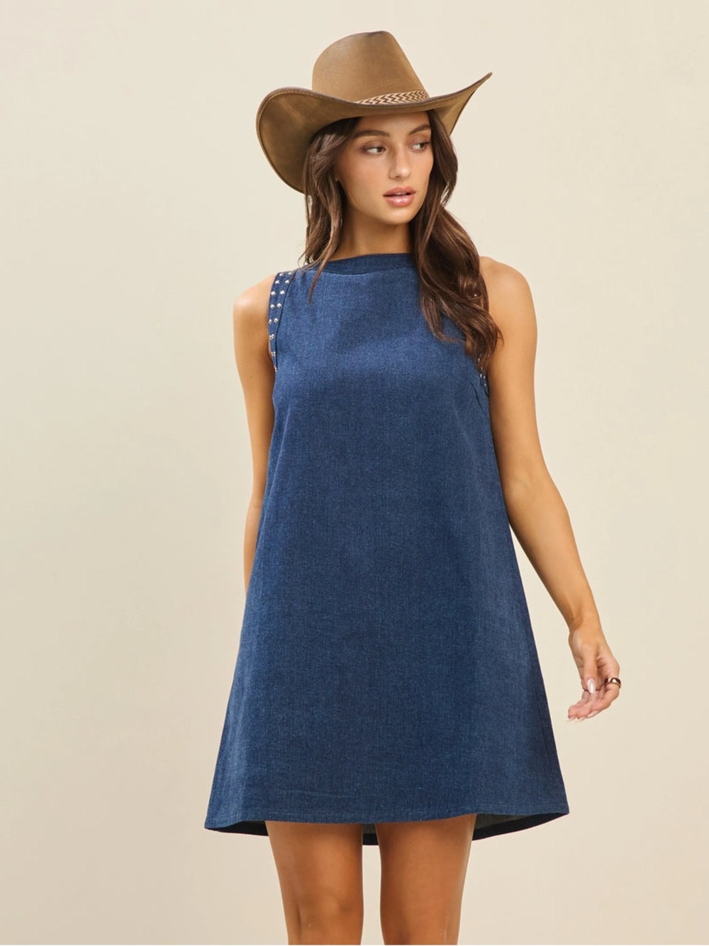 New Trendy Blue Denim Studded Sleeveless Shift Style Dress